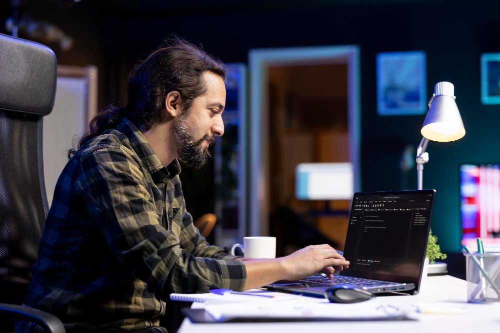 Male programmer coding an e-commerce website on laptop
