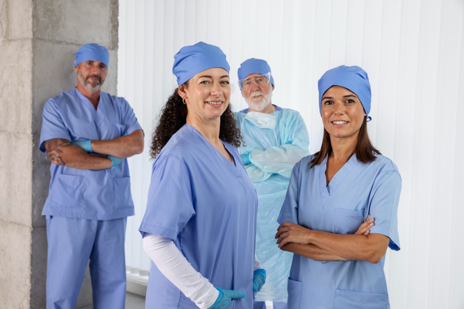 a group of nurses wearing Nursing Scrubs of v neck scrub top design